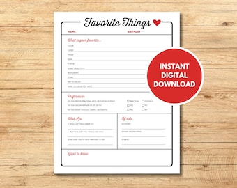 Lista de coisas favoritas | Questionário de formação de equipe para me conhecer | Favoritos dos funcionários | Tudo sobre mim | Amigo secreto | Preenchável