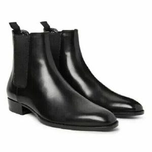 Men's handmade black genuine leather ankle high Long Chelsea boots