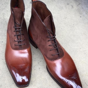 Men&#39;s handmade brown genuine leather ankle high long boots with suede
