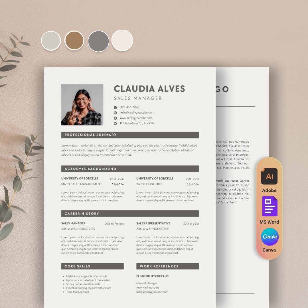 Sales Manager Resume Template Professional CV for Word Canva and Adobe ...