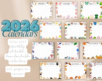 Monatlicher, bearbeitbarer Kalender 2026 (Digitaler Download)