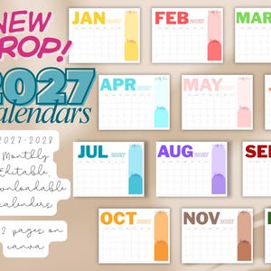 Pode incluir: Um conjunto de calendários mensais de 2027 com bordas coloridas. Cada página do calendário é rotulada com um mês e um ano. A imagem inclui o texto "NEW DROP! 2027 Calendars" e detalhes sobre o produto.