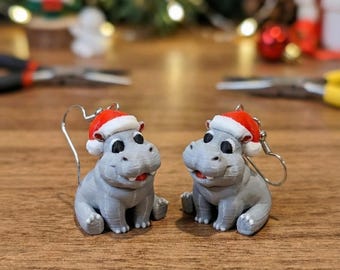Pendientes navideños de hipopótamo impresos en 3D