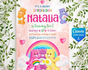 Care Bears Birthday Invitation, Printable Editable Birthday Party Invite, digital Party Invitation template, Care Bears Invitation Card