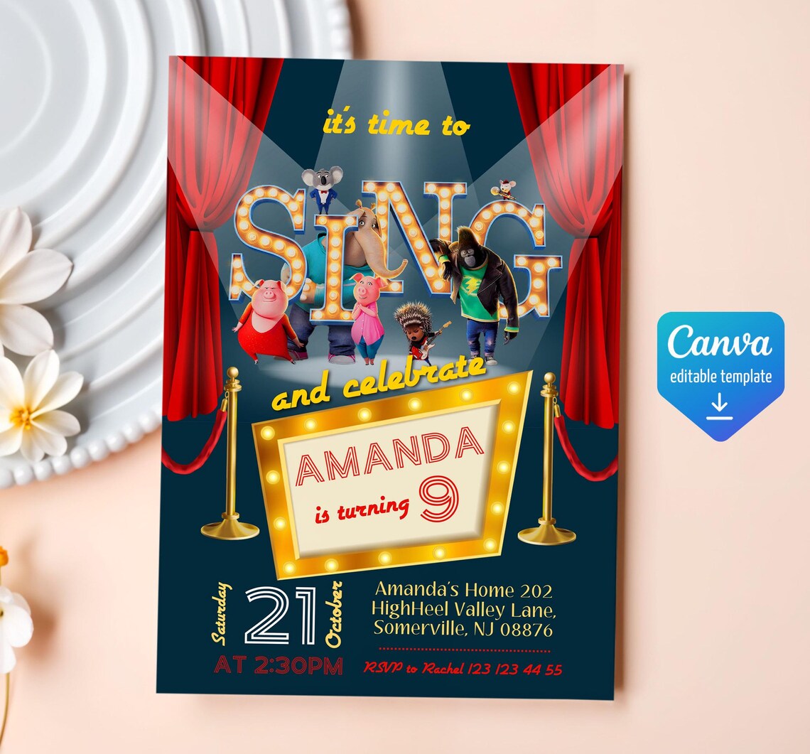 Editable Singer Invitation, Printable Sing 2 Birthday Invitation ...
