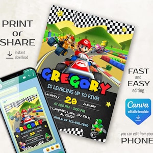May include: A printable birthday party invitation featuring a cartoon character from the Super Mario video game series. The invitation is designed with a black chalkboard background and features a racing theme. The text on the invitation reads "Gregory is leveling up to five!" and includes details about the party, such as the date, time, and location.