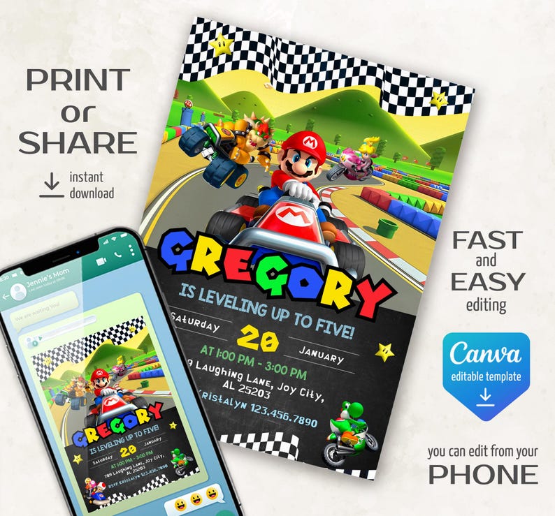 May include: A printable birthday party invitation featuring a cartoon character from the Super Mario video game series. The invitation is designed with a black chalkboard background and features a racing theme. The text on the invitation reads "Gregory is leveling up to five!" and includes details about the party, such as the date, time, and location.