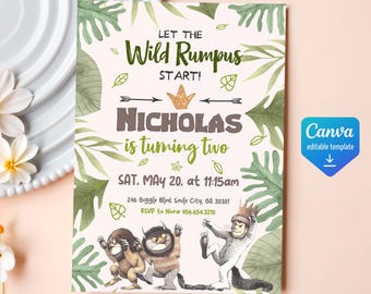 Printable Where The Wild Things Are Birthday Party Invitation, Editable Jungle Adventure Invite template, story book fairytale, boy girl
