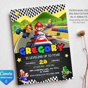 May include: A colorful invitation for a birthday party featuring a cartoon character racing on a track. The invitation says "Gregory is leveling up to five!" with the date and time of the party.