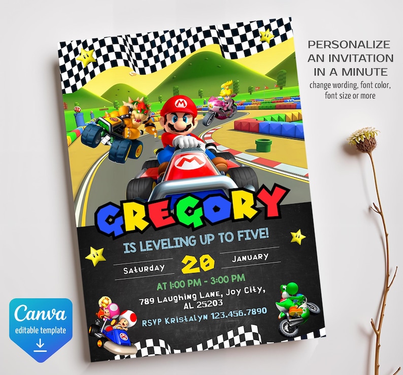 May include: A colorful invitation for a birthday party featuring a cartoon character racing on a track. The invitation says "Gregory is leveling up to five!" with the date and time of the party.