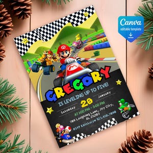 May include: A colorful invitation for a birthday party with a Mario Kart theme. The invitation features a black chalkboard background with the text "Gregory is leveling up to five!" and "Saturday, January 20, at 1:00 PM - 3:00 PM". The invitation also includes a picture of Mario Kart characters racing on a track.