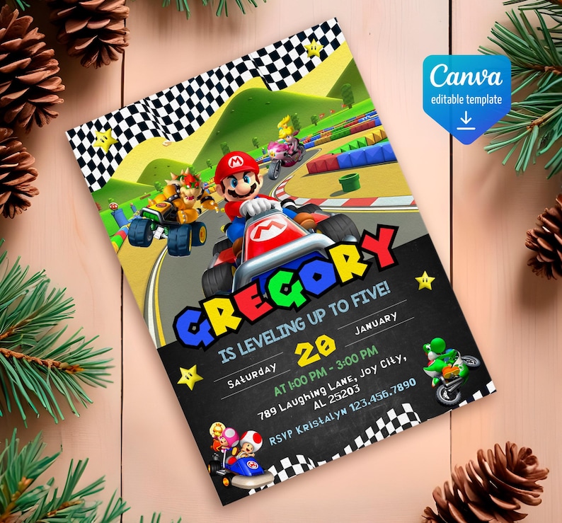May include: A colorful invitation for a birthday party with a Mario Kart theme. The invitation features a black chalkboard background with the text "Gregory is leveling up to five!" and "Saturday, January 20, at 1:00 PM - 3:00 PM". The invitation also includes a picture of Mario Kart characters racing on a track.
