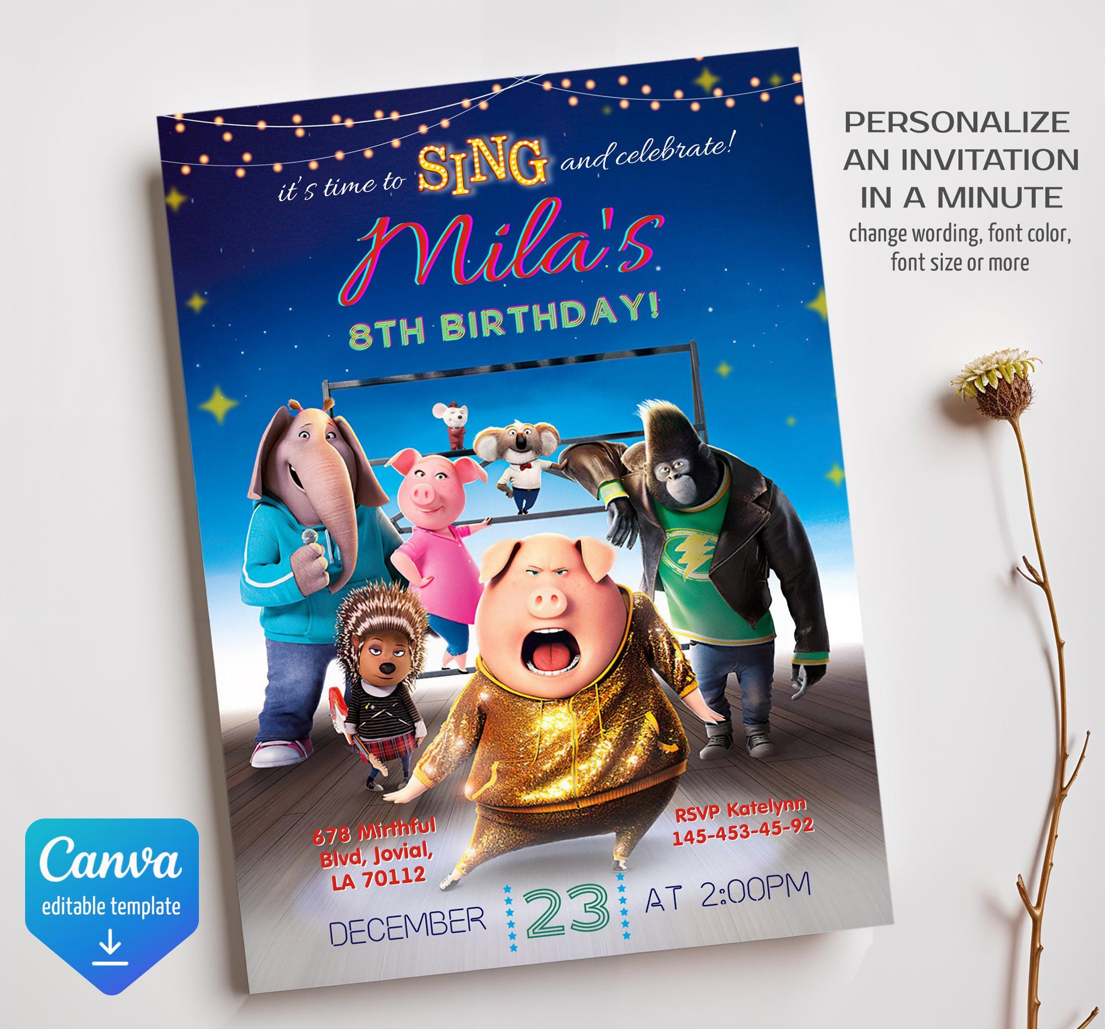 Editable Singer Invitation, Printable Sing 2 Birthday Invitation ...