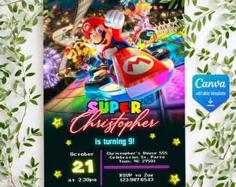 Birthday Invite boy girl, super mario bros movie invitation, Instant Download, video game Birthday Invite template, mario kart