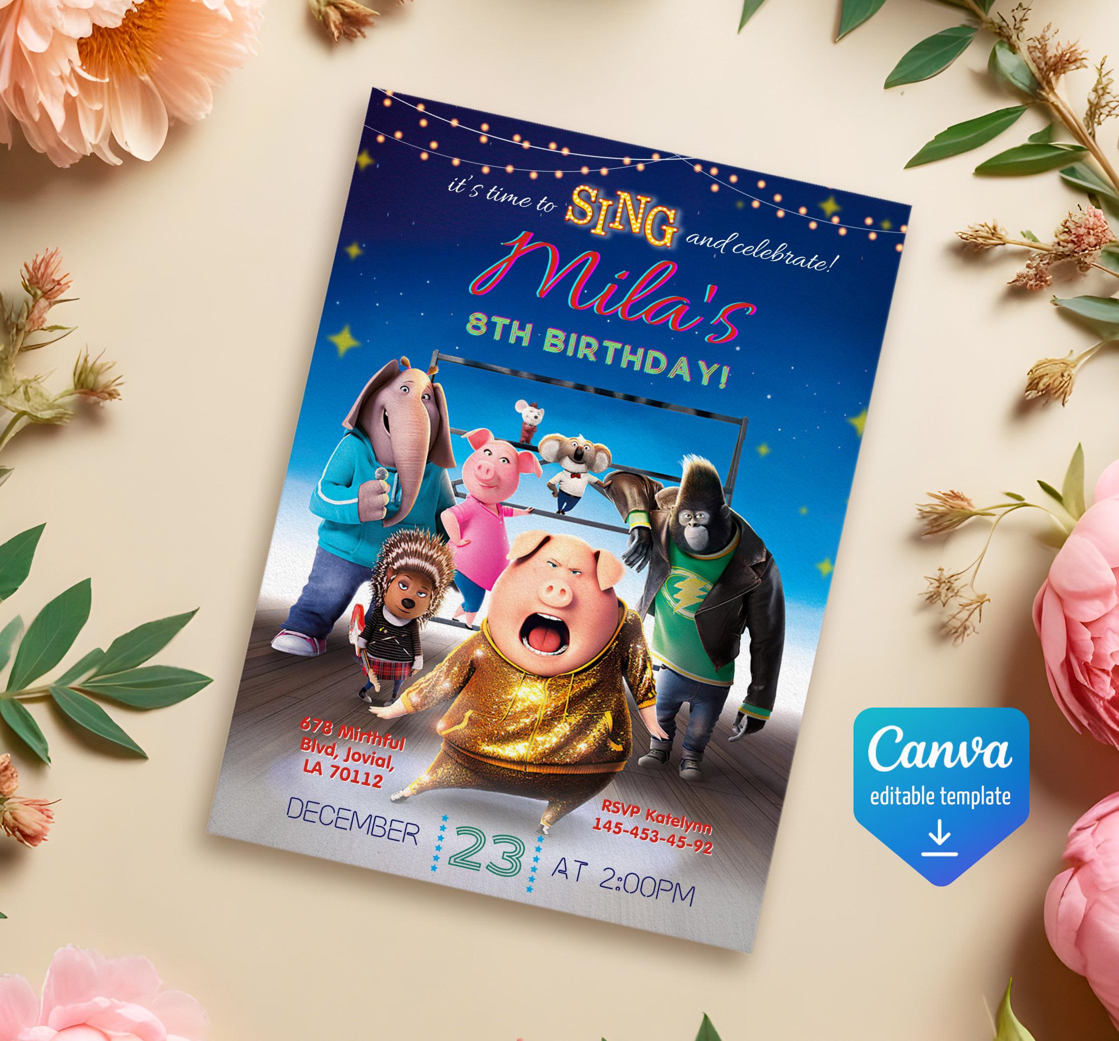 Editable Singer Invitation, Printable Sing 2 Birthday Invitation ...