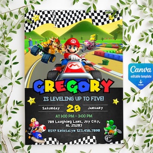 May include: A Mario Kart themed birthday party invitation for Gregory's 5th birthday. The invitation features a black chalkboard background with white text. The text reads "Gregory is leveling up to five!" with the date "Saturday, January 20th" and the time "1:00 PM - 3:00 PM". The invitation also includes the address "789 Laughing Lane, Joy City, AL 25203" and the RSVP information "RSVP Kristalyn 123.456.7890". The invitation is decorated with a checkered flag, stars, and a cartoon image of Mario Kart characters.