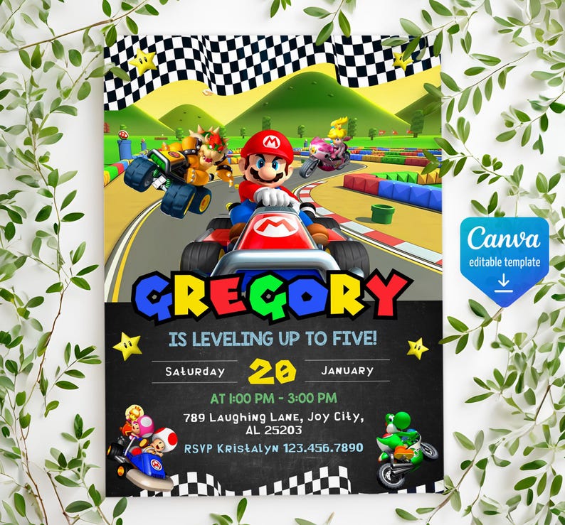 May include: A Mario Kart themed birthday party invitation for Gregory's 5th birthday. The invitation features a black chalkboard background with white text. The text reads "Gregory is leveling up to five!" with the date "Saturday, January 20th" and the time "1:00 PM - 3:00 PM". The invitation also includes the address "789 Laughing Lane, Joy City, AL 25203" and the RSVP information "RSVP Kristalyn 123.456.7890". The invitation is decorated with a checkered flag, stars, and a cartoon image of Mario Kart characters.
