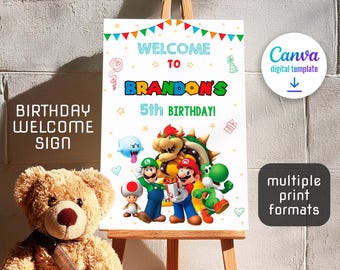 Mario Printable Welcome Sign template, Super Birthday Party Welcome in Poster, Mario bros Boy birthday, Luigi Mario, birthday decoration