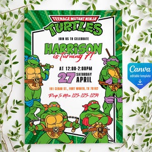 May include: A Teenage Mutant Ninja Turtles birthday invitation template featuring the four turtles with their signature masks and weapons. The text reads: Join us to celebrate Harrison is turning 7, Saturday 27 April, 12:00-2:00PM, 101 Cedar St., Fort Worth, TX 76102, Rsvp to Mia 123-123-1234.