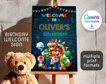 Mario Printable Welcome Sign template, Super Birthday Party Welcome in Poster, Mario bros Boy birthday, Luigi Mario, birthday decoration