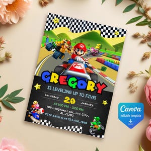 May include: A colorful invitation for a birthday party featuring a cartoon character driving a race car. The invitation says "Gregory is leveling up to five!" and includes details about the party, including the date, time, and location.