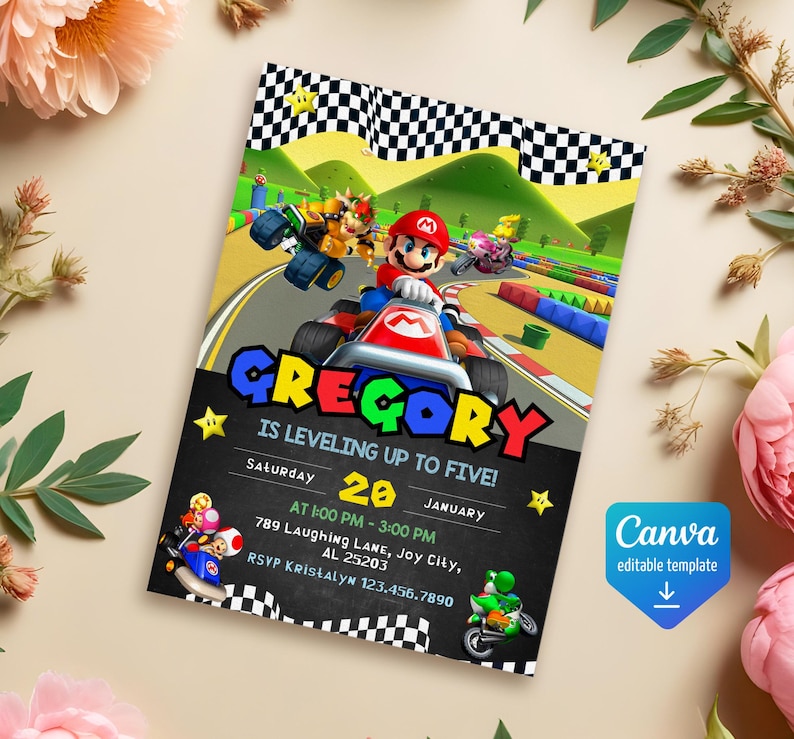 May include: A colorful invitation for a birthday party featuring a cartoon character driving a race car. The invitation says "Gregory is leveling up to five!" and includes details about the party, including the date, time, and location.