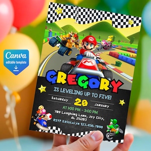 May include: A black and white checkered flag hangs above a colorful Mario Kart themed birthday invitation for Gregory's 5th birthday. The invitation includes the text "Gregory is leveling up to five!" and details for the party, including the date, time, and location.
