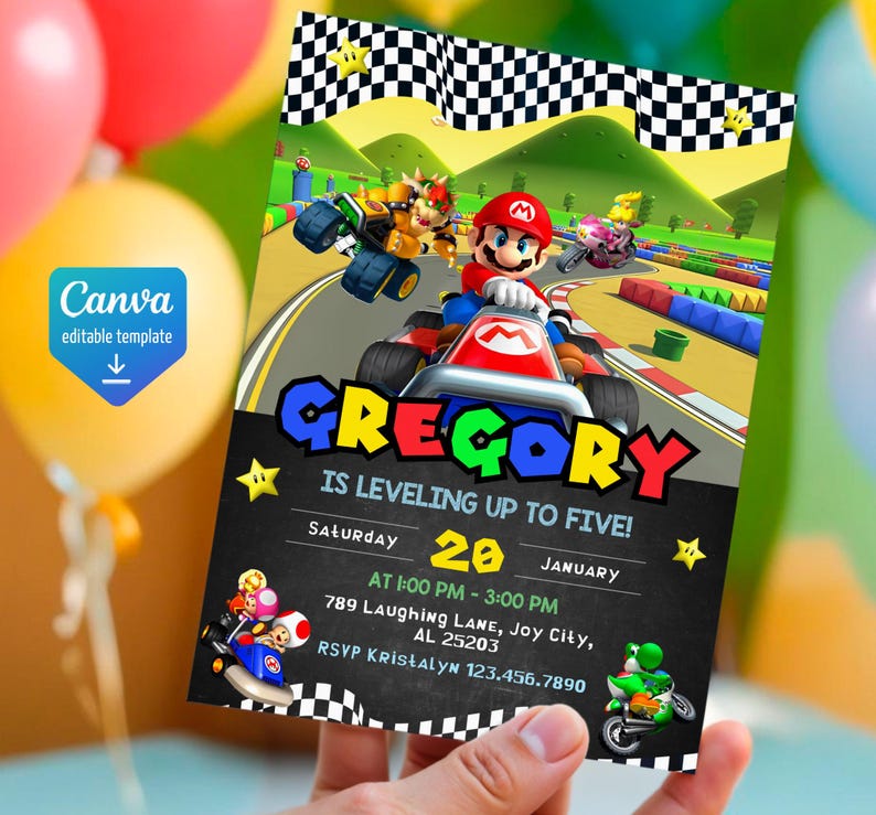 May include: A black and white checkered flag hangs above a colorful Mario Kart themed birthday invitation for Gregory's 5th birthday. The invitation includes the text "Gregory is leveling up to five!" and details for the party, including the date, time, and location.