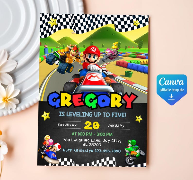 May include: A Mario Kart themed birthday party invitation for Gregory's 5th birthday. The invitation features a black chalkboard background with a racing track and Mario Kart characters. The text on the invitation reads "Gregory is leveling up to five!" with the date, time, and location of the party.