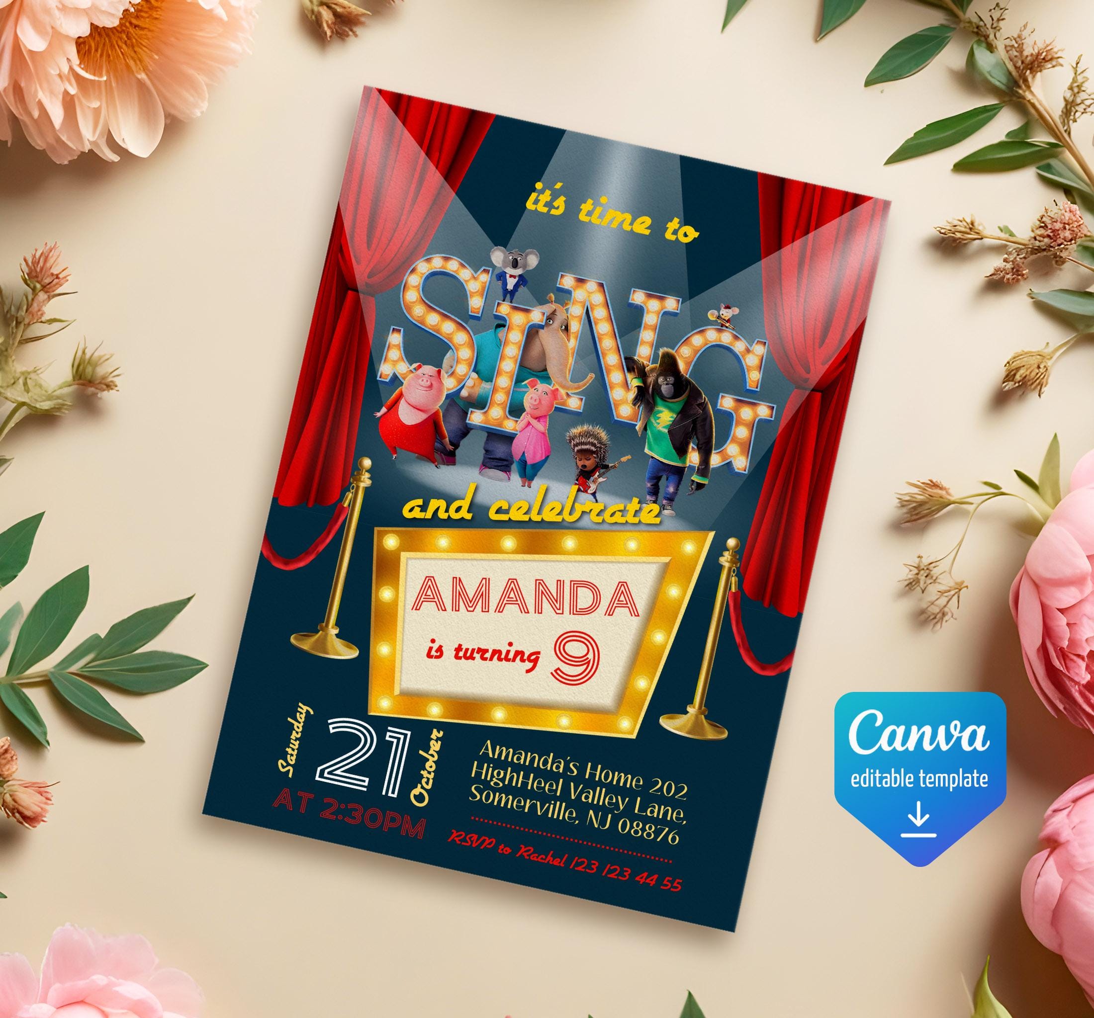 Editable Singer Invitation, Printable Sing 2 Birthday Invitation ...