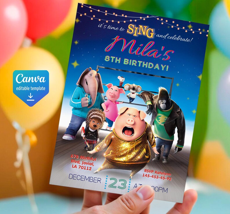 Editable Singer Invitation, Printable Sing 2 Birthday Invitation ...