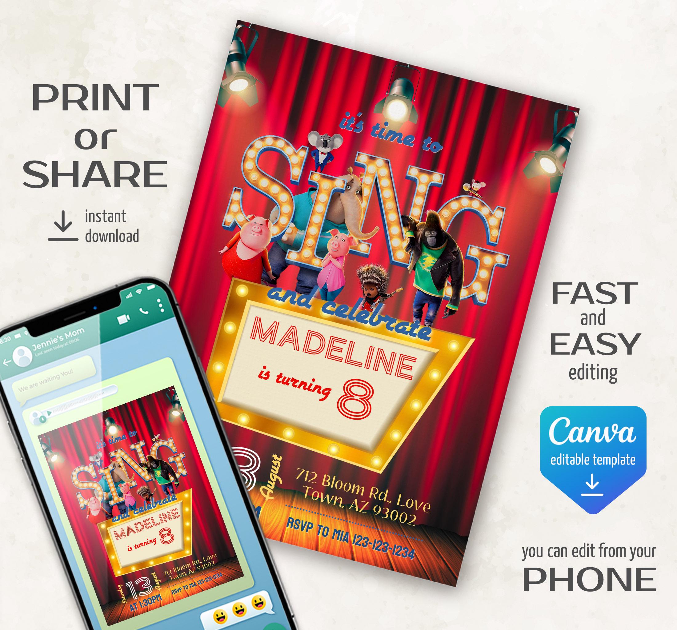 Editable Singer Invitation, Printable Sing 2 Birthday Invitation ...