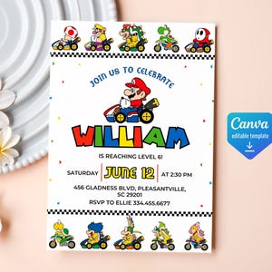 Invito di compleanno ragazzo ragazza, invito al film di super mario bros, download immediato, modello di invito di compleanno per videogiochi, mario kart