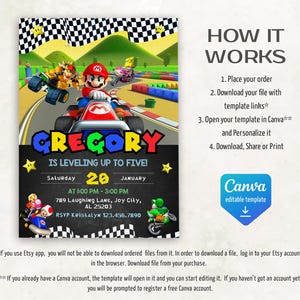 May include: A colorful invitation for a birthday party featuring a cartoon image of Mario Kart characters. The invitation is for Gregory's 5th birthday party on January 20th. The invitation includes the time, location, and RSVP information.