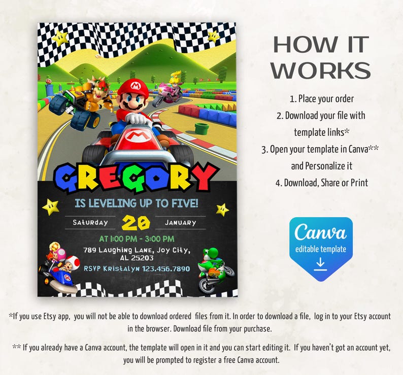 May include: A colorful invitation for a birthday party featuring a cartoon image of Mario Kart characters. The invitation is for Gregory's 5th birthday party on January 20th. The invitation includes the time, location, and RSVP information.