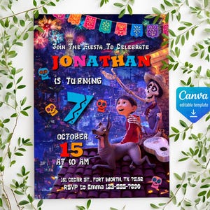 May include: A digital birthday invitation featuring a colorful scene with a boy, a skeleton, and a dog on a rooftop. Text includes: Join The Fiesta To Celebrate Jonathan Is Turning 7 October 15 At 10 AM 101 Cedar St, Fort Worth, TX 76102 RSVP to Emma 123-555-7890.