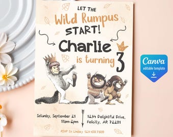 Printable Where The Wild Things Are Birthday Party Invitation, Editable Jungle Adventure Invite template, story book fairytale, boy girl