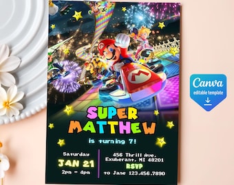 Op de afbeelding: Een zwarte en neon groene verjaardagsuitnodiging met een videogamepersonage, Mario, die een kart bestuurt op een neonbaan. De tekst luidt "Super Matthew wordt 7!" met de datum en tijd van het feest eronder.