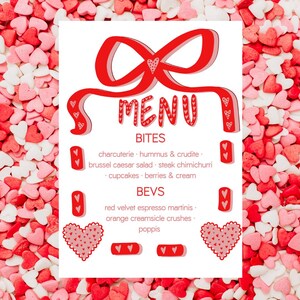 Szablon menu walentynkowego Galentines, Menu imprezy Galentines, Menu imprezy walentynkowej, Plik cyfrowy, Szablon menu, Możliwość dostosowania