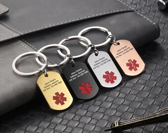 Personalized Medical Alert Keychain for Women Men,Engraved Emergency Alert ID,Medical ID Tag,Medica ICE Keyring, Gifts for Patient