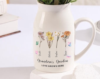 Personalized Birth Flower Ceramic Vase, Grandma's Garden Gift