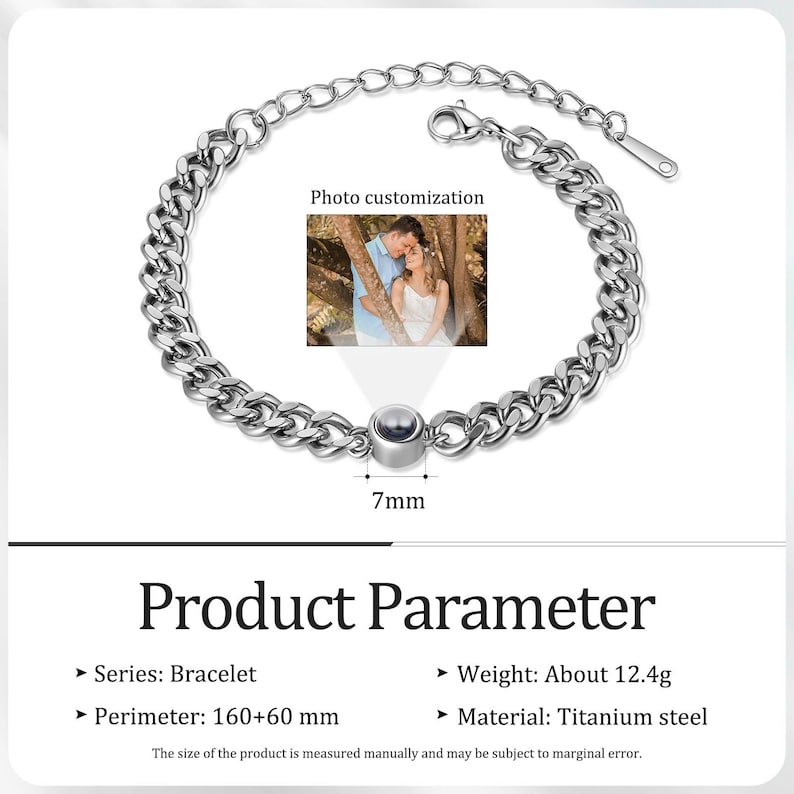 May include: A silver-colored chain bracelet with a photo customization feature. The bracelet has a curb chain design and a small, round charm. The product parameters include a perimeter of 160+60 mm and a weight of about 12.4 grams. The material is titanium steel.