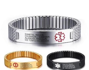 Personalized Medical Alert Bracelet for Men,Engraved Medical Information and Contact ID,Gift for Epilepsy, Hypertension, Diabetes Patient