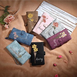 Cartera de piel con diseño de flor de nacimiento para el Día de la Madre, cartera para mujer, monedero con cremallera, regalo de cumpleaños personalizado, regalo para mamá.