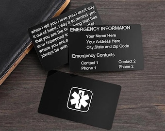 Engraved Stainless Steel Medical Alert Card, Personalized Emergency Contact