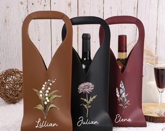 Bolsa de vino personalizada, bolsa de vino con flor de nacimiento, bolsa de vino de cuero con nombre personalizado, bolsa de vino con nombre grabado, regalos de inauguración de la casa y de boda.