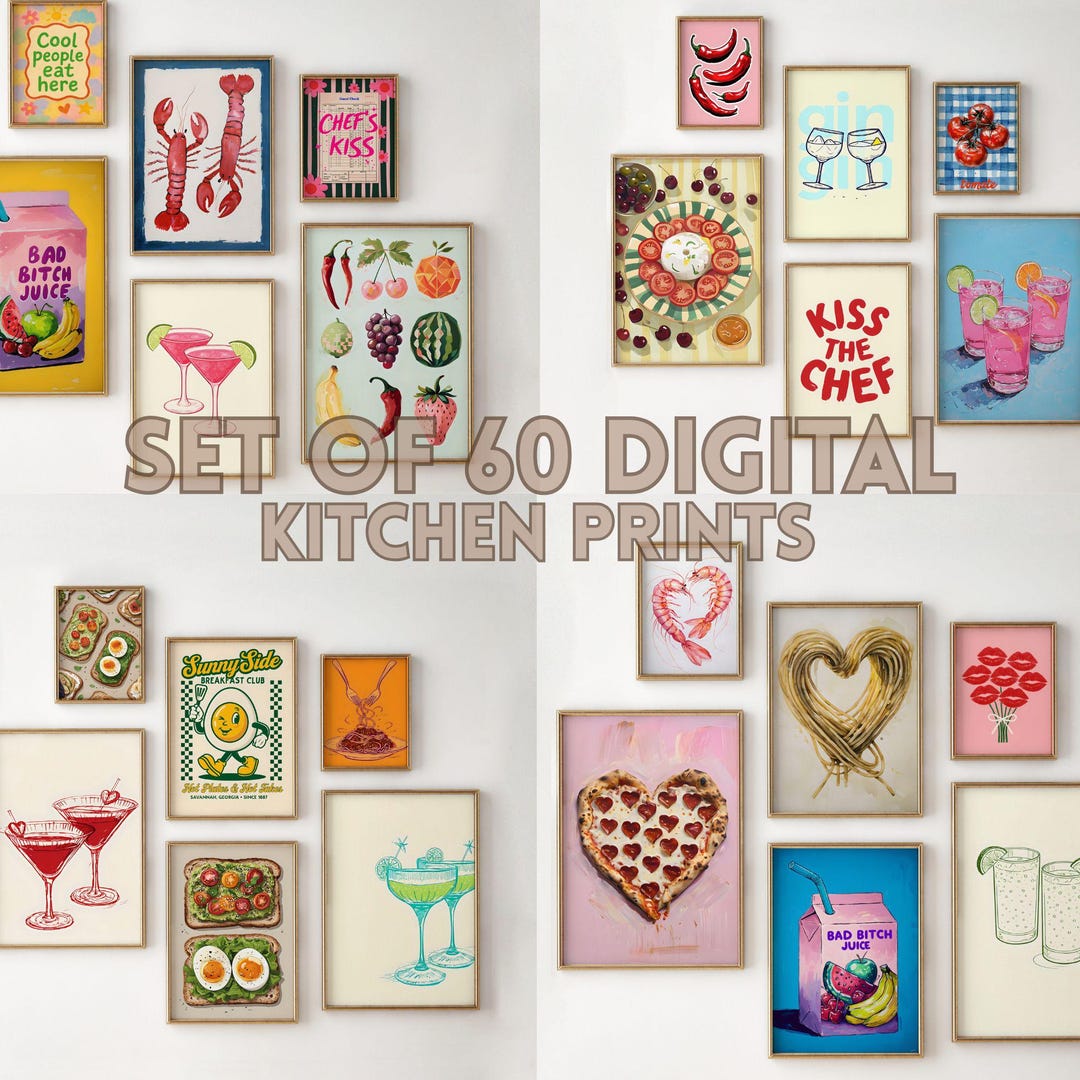 Vintage Kitchen Print Set: 60 Food & Drink Art Prints in Artistic ...