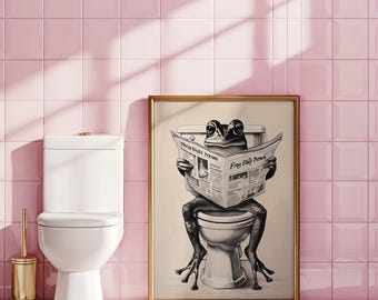 Vintage Badezimmer Frosch, Retro Frosch auf Toilette Druck, lustiges Badezimmer Wandbild, digitales Poster