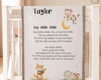 Personalized Woven Nursery Rhyme Baby Blanket Custom Name Newborn Blanket Baby Shower Gift Keepsake Nursery Decor Gift, Hey Diddle Diddle