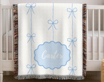 Personalized Baby Blanket | Custom Nursery Blanket with Name | Neutral Baby Gift | Stripe & Bow Woven Keepsake Blanket | Baby Shower Gift